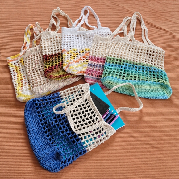Handmade Handbags - Handmade Crochet Market Bag Cotton Mesh Tote Eco-Friendly Reusable Grocery Bag